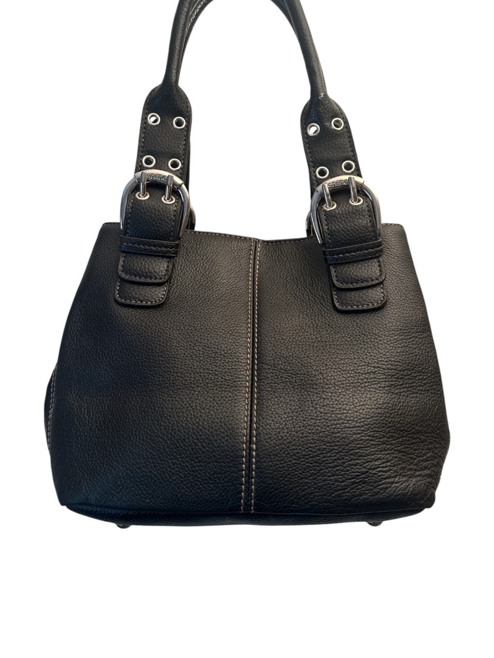 Tignanello Black Pebbled Leather Shoulder Bag with Buckle Straps